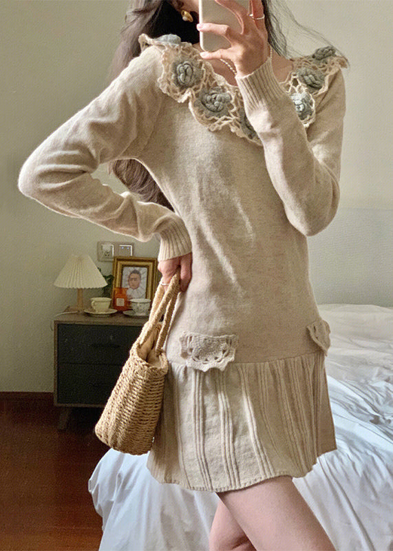 Apricot Hollow Out Patchwork Knit Mid Dress Winter