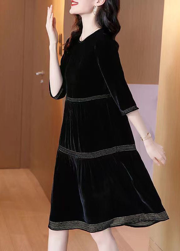 Black O-neck Patchwork Silk Velour Dresses Half Sleeve Fall