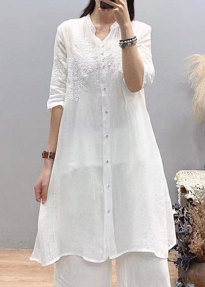 Fitted White Stand Collar Embroideried Linen Long Shirts Three Quarter Sleeve