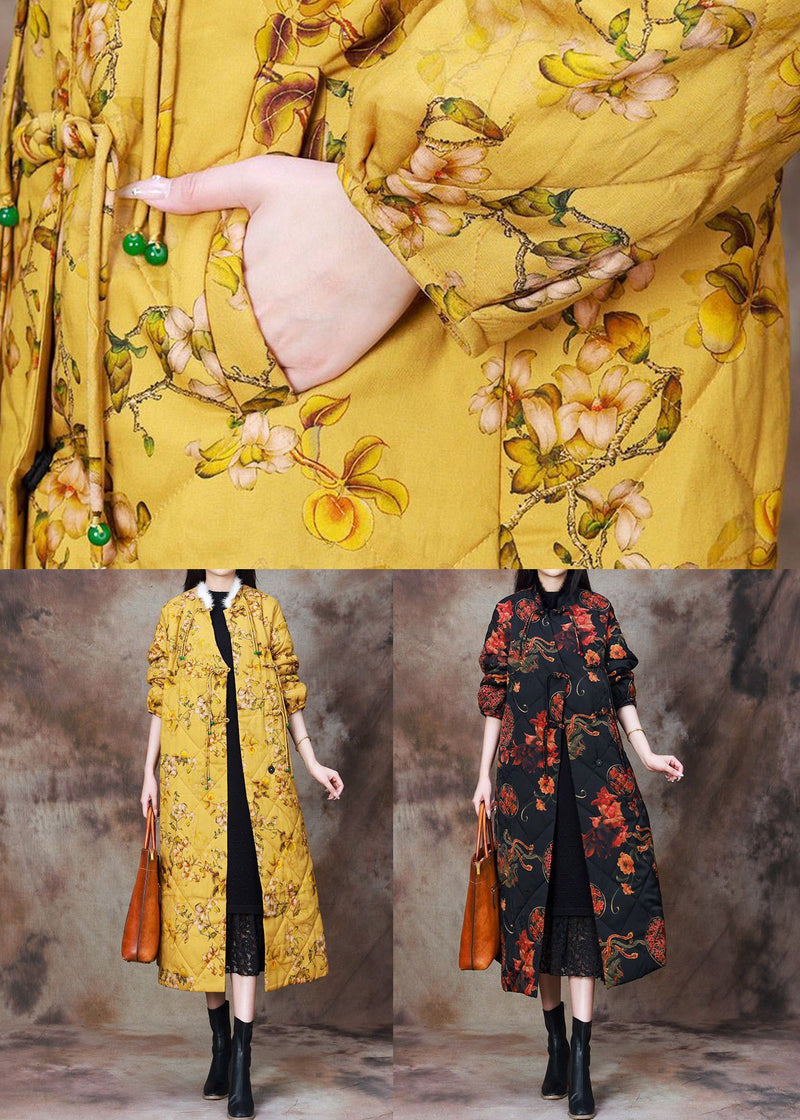 Yellow Chinese Button Print Cotton Filled Coat Long Sleeve