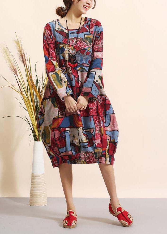 O Neck Spring Clothes for Pattern Red Geometric Robe Dresses