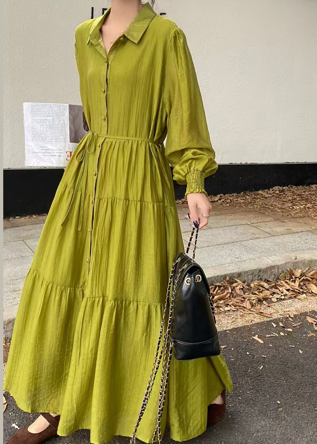 Blue Tie Waist Exra Large Hem Cotton Shirt Dresses Fall