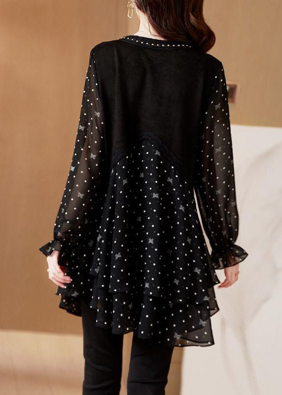 Black V Neck Dot Patchwork Layered Design Chiffon Tops Long Sleeve