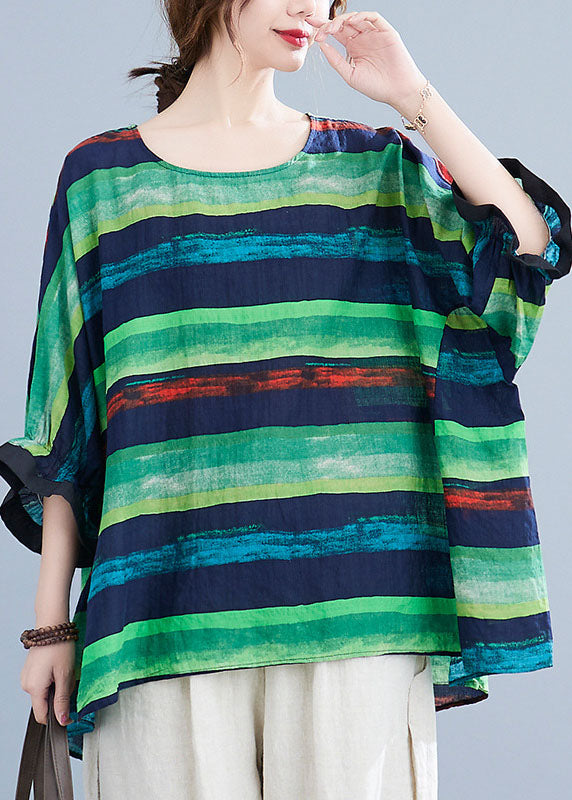 French Green O-neck Print Ruffled Fall Striped Shirt Tops Half Sleeve