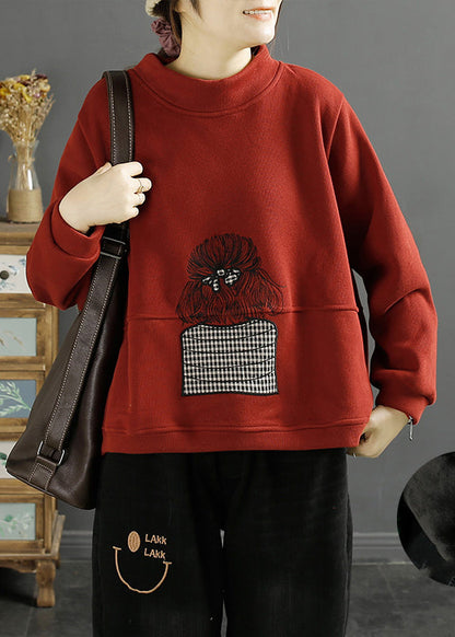 Classy Green Stand Collar Embroideried Warm Fleece Pullover Sweatshirt Winter