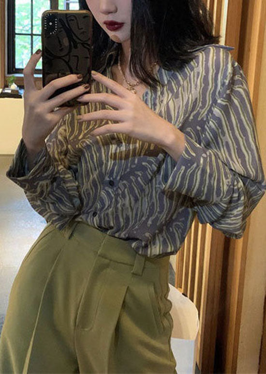 Blue V Neck Striped Print Chiffon Shirt Top Spring