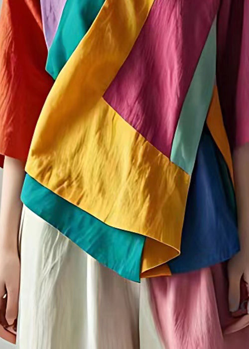 Photo Color V Neck Patchwork Linen Tops Half Sleeve