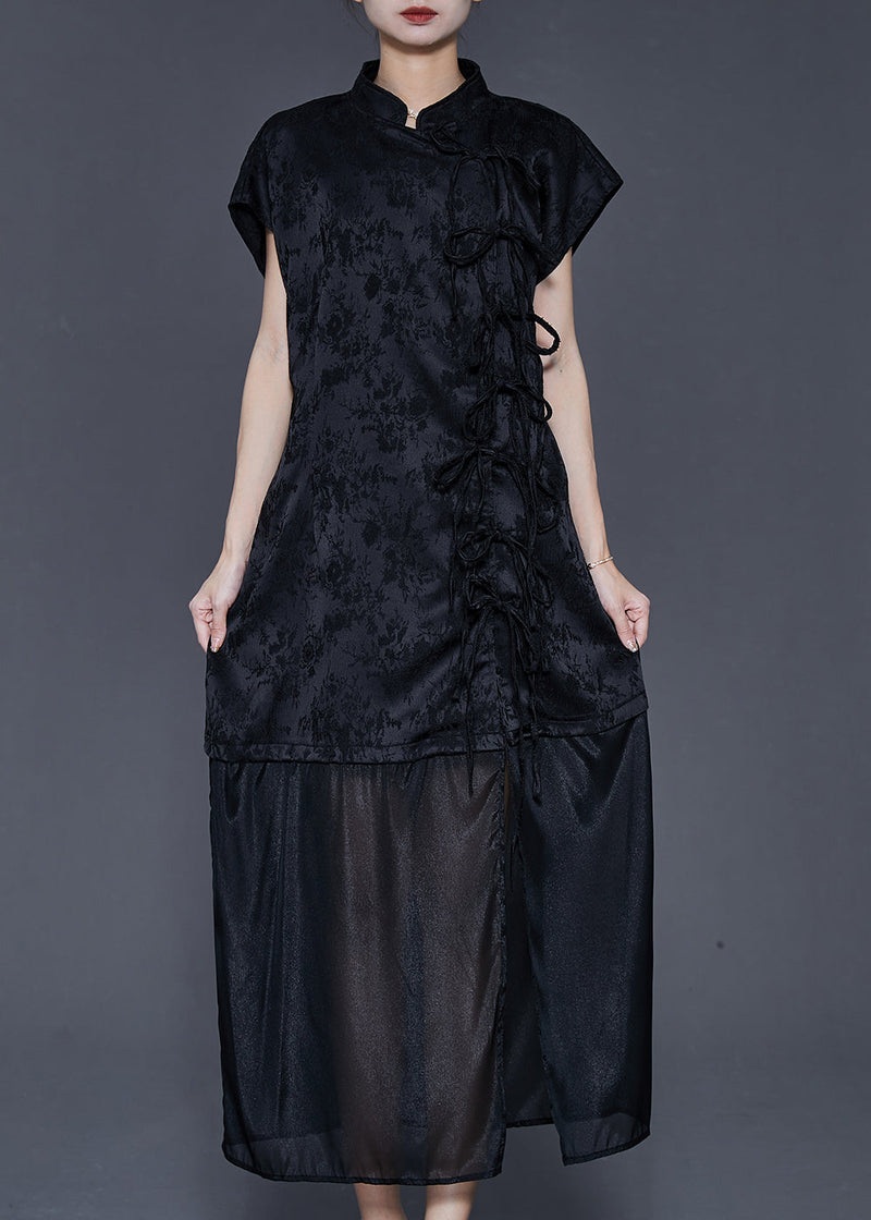 Black Jacquard Patchwork Bow Silk Dress Summer