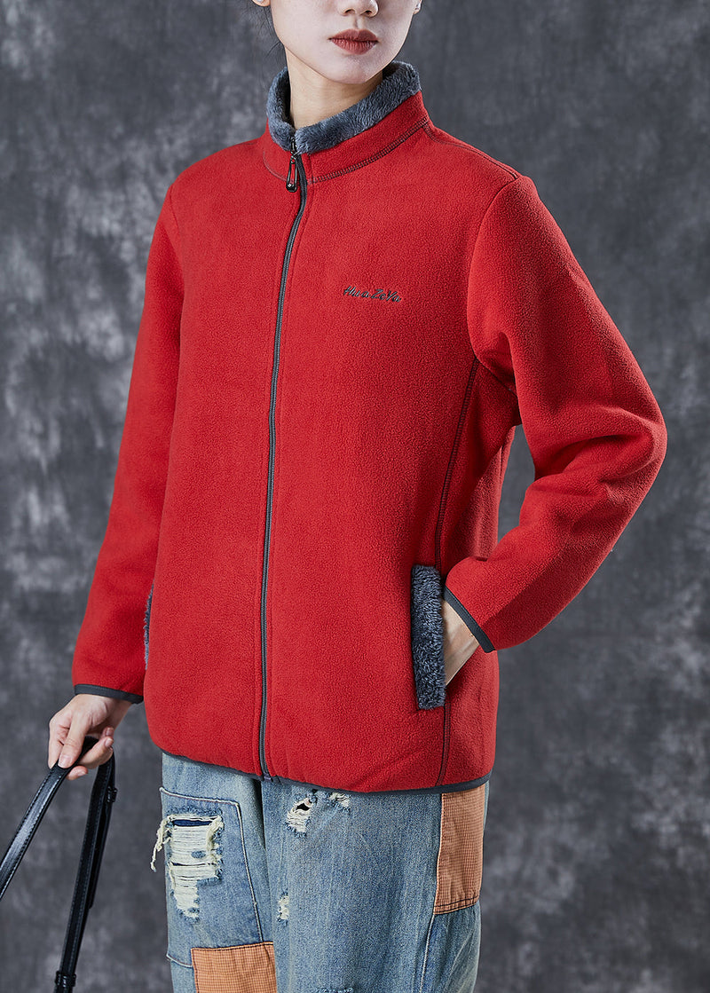 Simple Red Embroideried Warm Fleece Coat Winter
