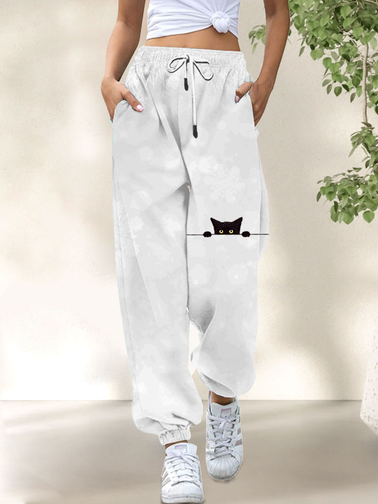 Comstylish Women's Casual Funny Black Cat Print Pants