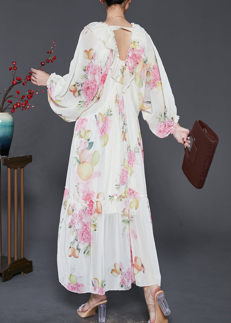 Apricot Ruffled Print Chiffon Long Dresses Spring