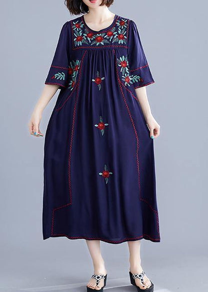 Handmade Navy Embroidery Cotton Clothes for O Neck Cinched Cotton Robes Summer Dress