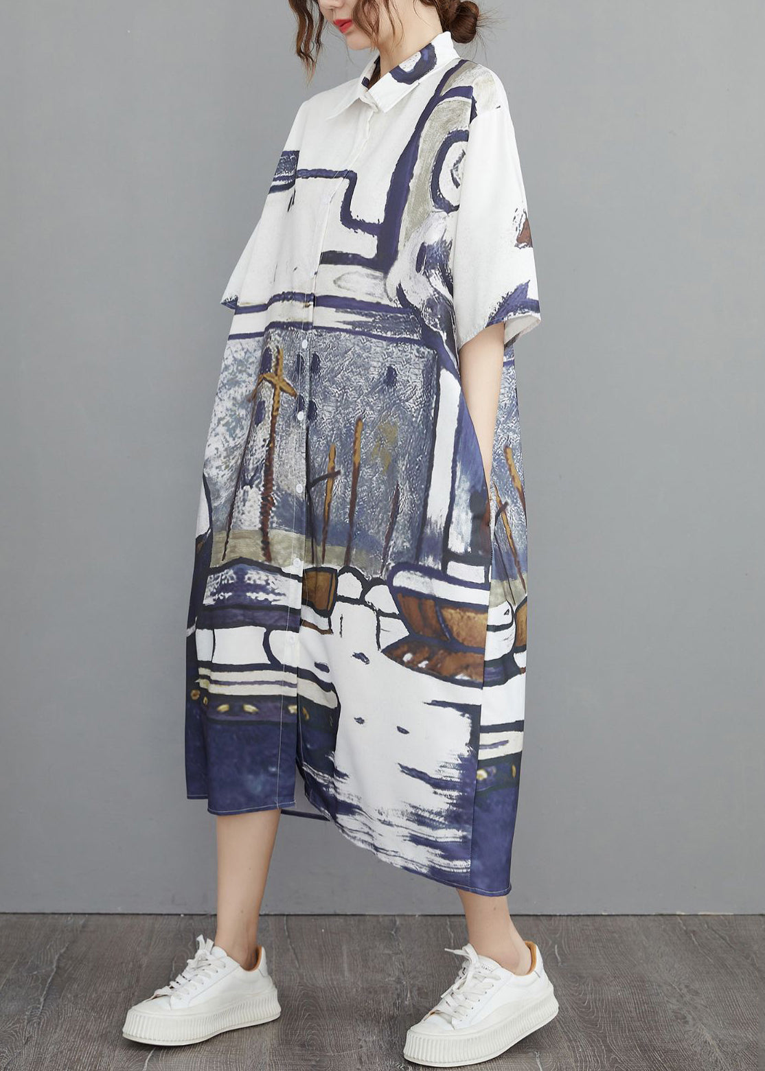 Grey Print Cotton Shirt Dresses Oversized Summer