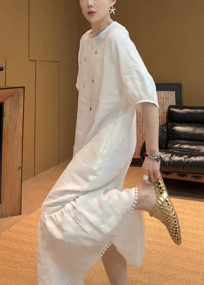 White O Neck Pockets Cotton Long Dress Summer