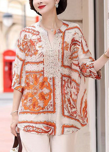 Orange V Neck Print Chiffon Shirt Top Summer