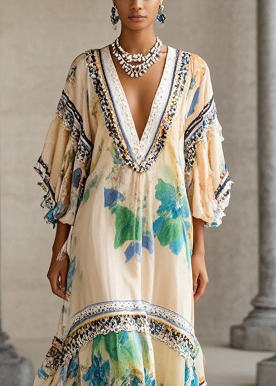 Apricot V Neck Print Chiffon Holiday Dress Summer