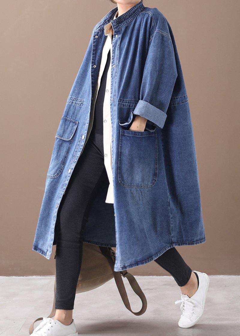 French Denim Blue Box Coat Shape Stand Collar Drawstring Coat