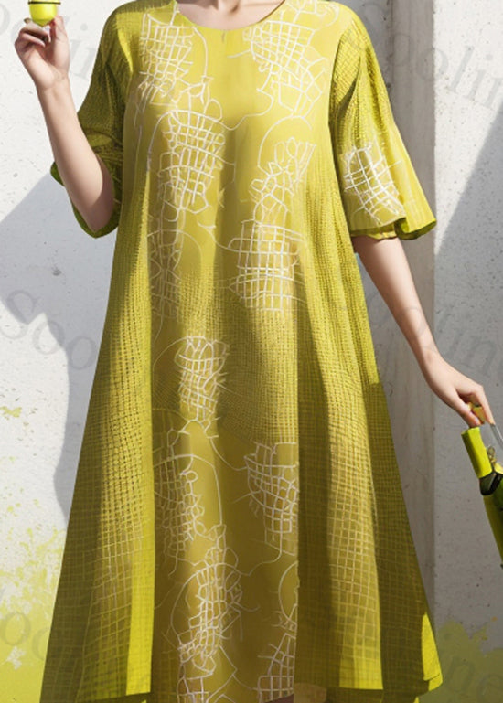 Yellow Green O Neck Print Silk Dresses Summer