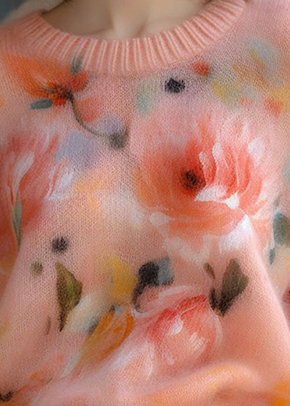 New Pink O Neck Thick Print Cotton Blend Sweater Fall