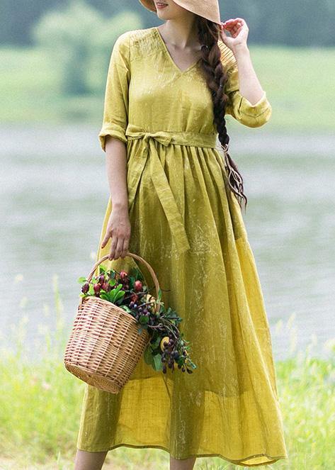V Neck Tie Waist Summer Clothes for Ideas Yellow Loose Dress