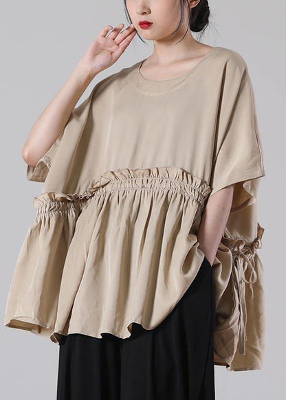 Unique Khaki O-neck Cotton Loose Top Summer
