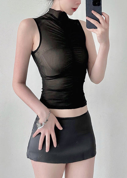 Black Hign Neck Wrinkled Tulle Top Sleeveless