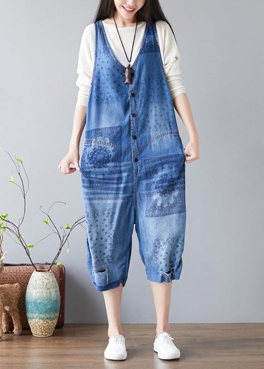 Denim Blue V Neck Print Cotton Jumpsuits Ripped Jeans Spring
