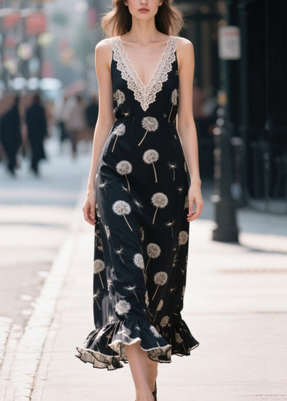 Black Print Patchwork Chiffon Robe Dresses Summer