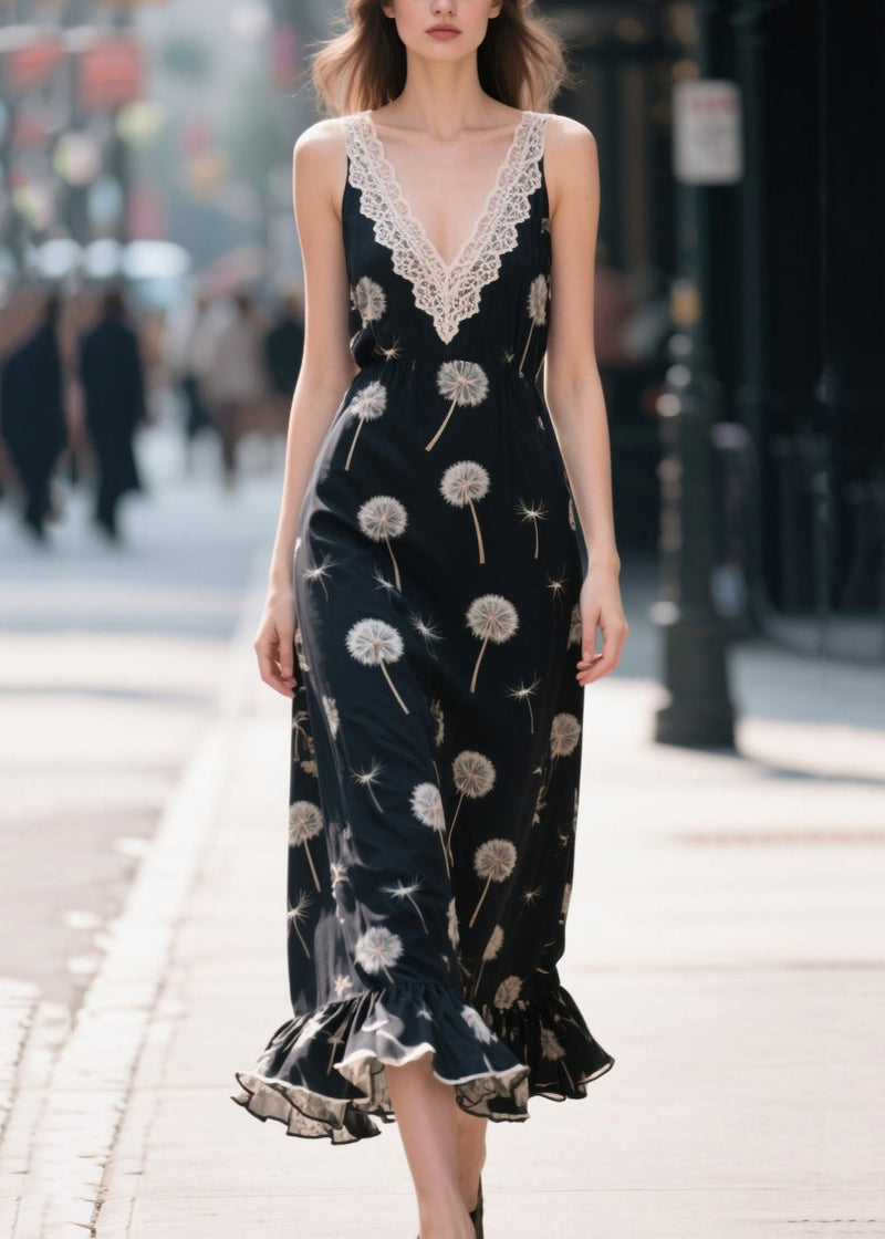 Black Print Patchwork Chiffon Robe Dresses Summer