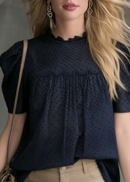 French Navy Wrinkled Cotton Blouses Puff Sleeve