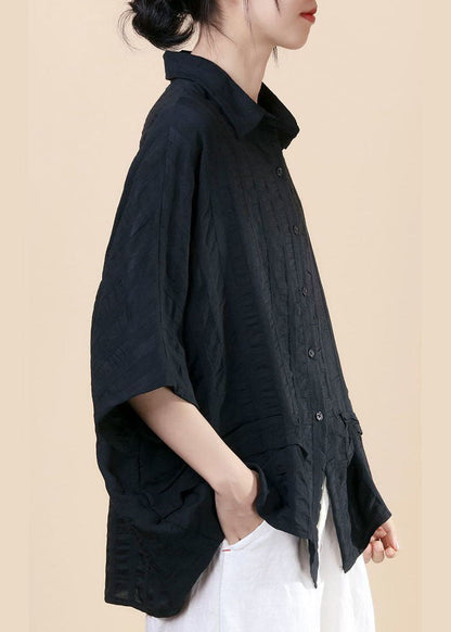 Black Button Peter Pan Collar Shirt Top Batwing Sleeve