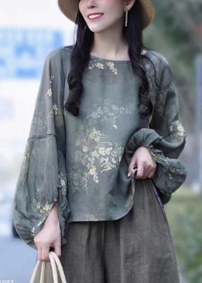 Grey Loose Linen Shirt Tops O-neck Batwing Sleeve