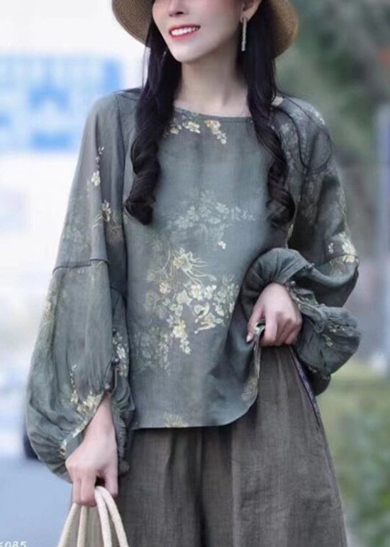 Grey Loose Linen Shirt Tops O-neck Batwing Sleeve