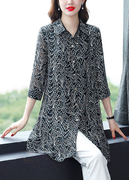 Black Peter Pan Collar Button Print Chiffon Shirt Tops Spring