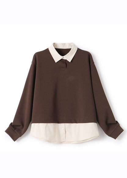 Coffee Peter Pan Collar Patchwork Fake Two Pieces Pullover Long Sleeve