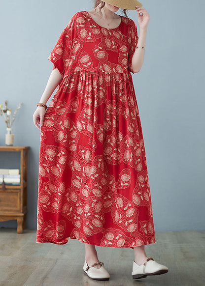 Red Oversized Print Exra Large Hem Cotton Vacation Dresses Summer