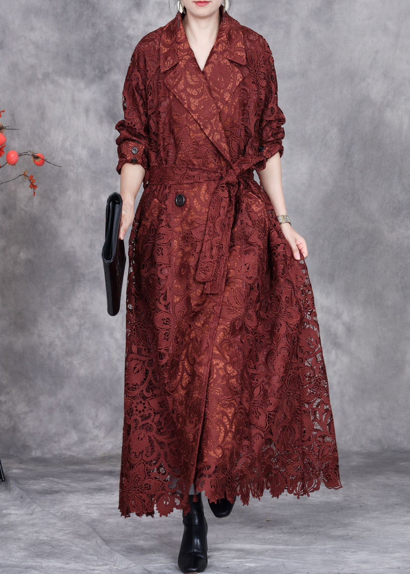 Italian Caramel Hollow Out Tie Waist Lace Long Trench Coat Fall
