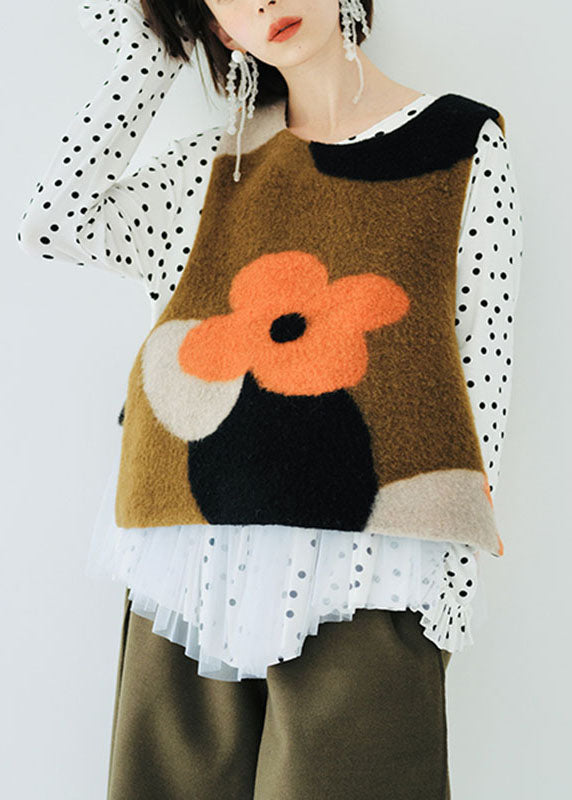Jacquard Brown O-neck Woolen Waistcoat Sleeveless