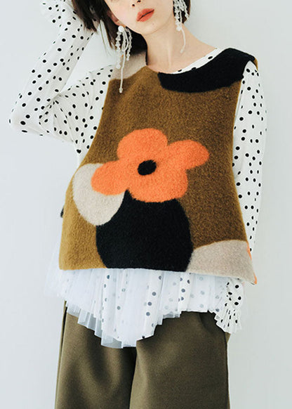 Jacquard Brown O-neck Woolen Waistcoat Sleeveless