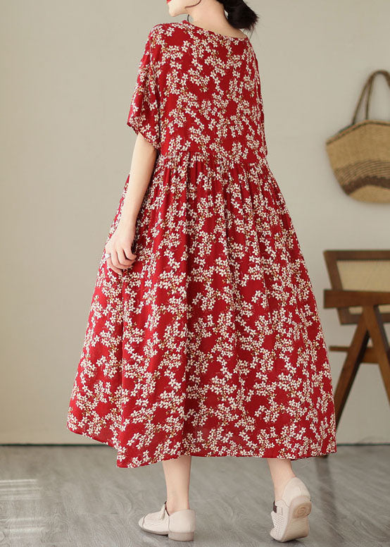 Red O Neck Print Wrinkled Patchwork Chiffon Dresses Summer