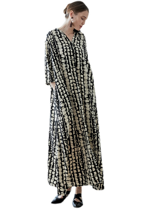 Black V Neck Print Pockets Chiffon Robe Dresses Summer