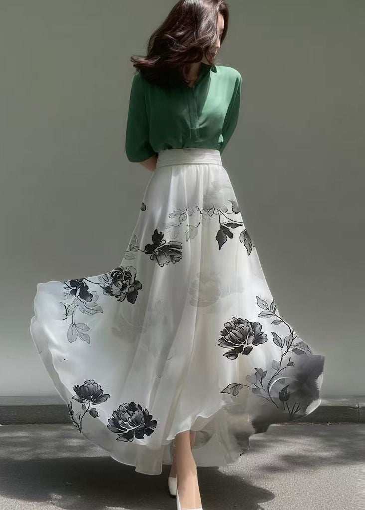 White Print Draping Chiffon a Line Skirts Summer