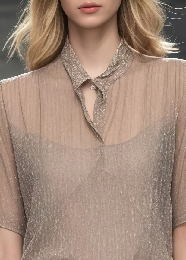 Khaki Stand Collar Sheer Tulle Blouse Tops Summer