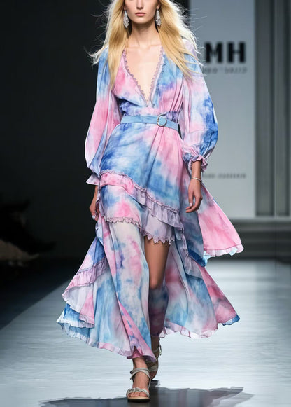 Rainbow Asymmetrical Tie Dye Chiffon Tunic Dress Spring