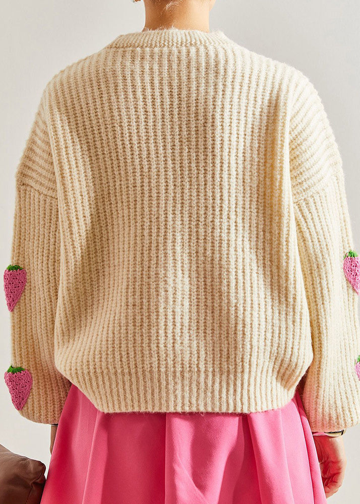 Beige V Neck Hook Flower Knit Cardigan Fall