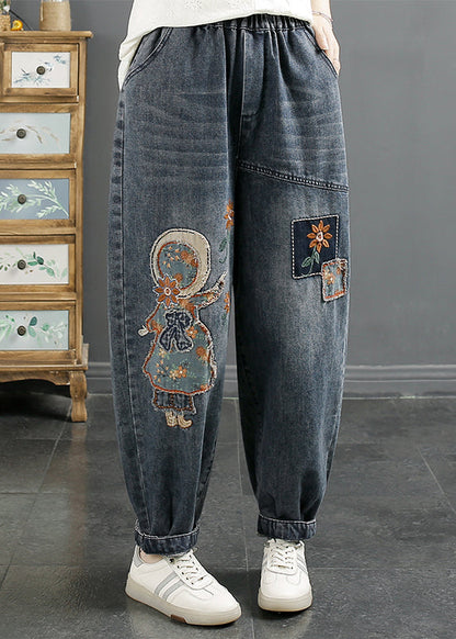Navy Embroideried Applique Denim Harem Pants Winter
