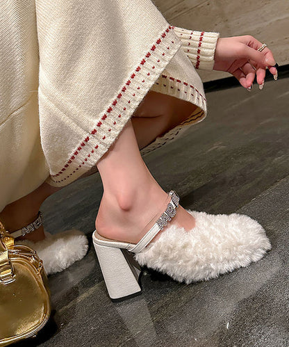 Red Slippers Shoes Chunky Splicing Fuzzy Fur Zircon