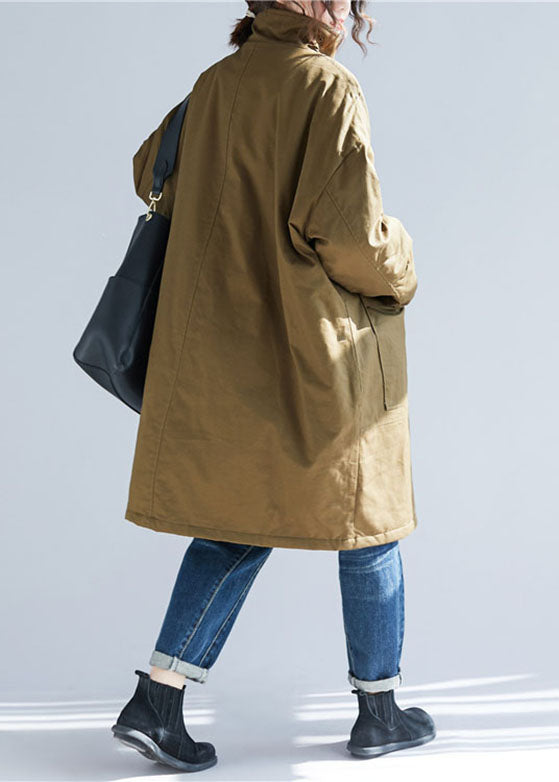 Army Green Stand Collar Pockets Parka Coats Long Sleeve