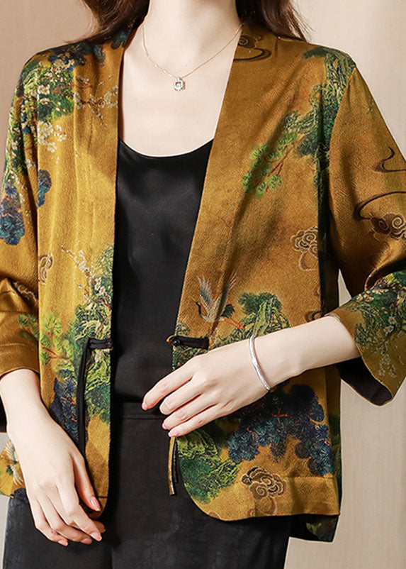 Yellow V Neck Tasseled Button Print Silk Cardigans Coats Spring