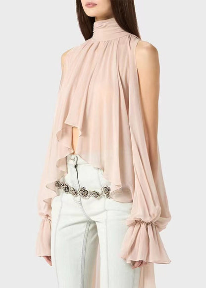 Pink Lace Up Chiffon Fall Shirt Asymmetrical